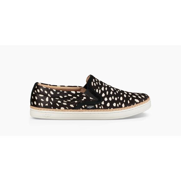 UGG Black White Print Cow Hair Soleda Exotic Trainer Slip On Sneaker Womens 6 - Picture 1 of 8